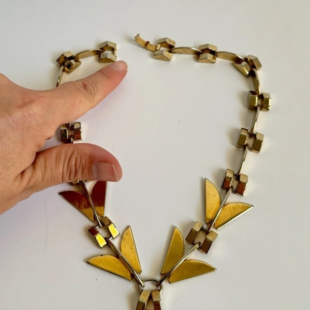 Vintage Modernist Necklace Gold Tone Retro Geometric 60s Collar Bib Runway Piece